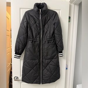 Karl Lagerfeld Black Quilted Long Puffer Coat with Striped Cuffs